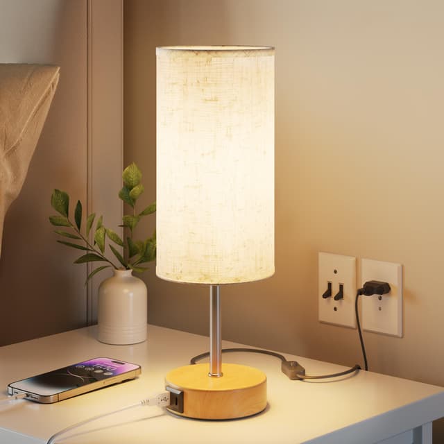 UPXNBOR Nachttischlampe mit Ladefunktion über USB-A- und USB-C-Anschlüsse, Nachttischlampe Touch Dimmbar mit 3 Stufen warmem Licht für Schlafzimmer und Wohnzimmer (E27 Glühbirne inklusive) Fabric Shade, 1pack