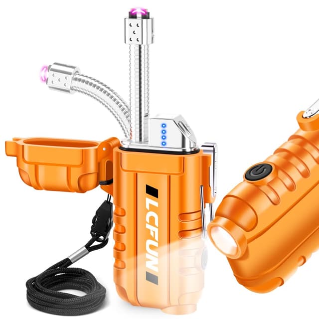 LcFun Feuerzeug Elektrisch, 360° Flexible Hals, USB C Feuerzeuge Wiederaufladbar, Wind- und Wasserdicht, Elektrisches Feuerzeug mit LED-Batterie-Anzeige, Geschenk für Männer Y Orange
