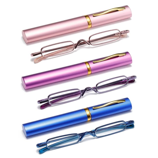 OWTXIS 3er-Pack Mini Schlanke Stift-Lesebrille - Kompakte Lesegeräte mit Stiftclip-Etui Federscharnier Metallrahmen Brillen
