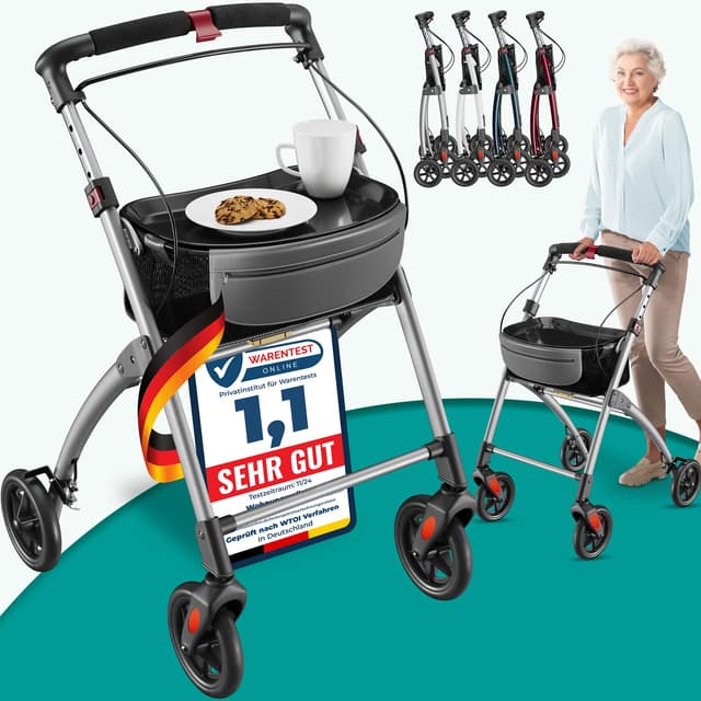 ELONEO Wohnungsrollator 54cm breit, faltbar und leicht, inkl. Tablett & Stoffkorb, Rollator schmal für die Wohnung, Indoor-Rollator, klappbar, Aluminium,Mobilität für Zuhause silber