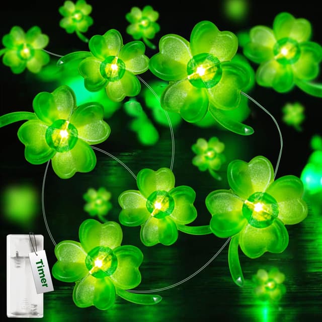 kolpop Lichterkette Batterie, 2m 20 Led Lichterkette Innen Batterie mit Timer, Vierblättrig Kleeblatt Lichterkette, Irisch Fee LED Licht für St. Patrick's Day Party Deko Grün (Vierblättriges Kleeblatt)