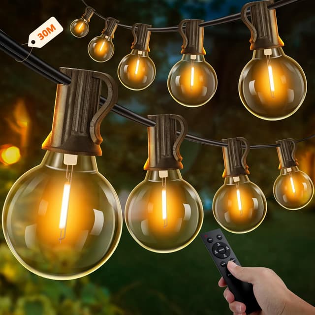 UooEA Lichterkette Außen mit Timer, 30M LED Lichterkette Strom Outdoor mit 50+3 G40 Glühbirnen, 4 Modus und Dimmbar Lichterkette Wasserdicht für Garten Balkon Terrasse Party Hochzeit (Warmweiß)