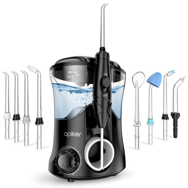 Apiker Munddusche Elektrisch für Zanreinigung Zahnzwischenraumreiniger Professioneller Wasser flosser mit Stufenloser Wasserdruckeinstellung 600ml Wassertank 8 verschiedene Funktionsdüsen - Schwarz Edles Schwarz