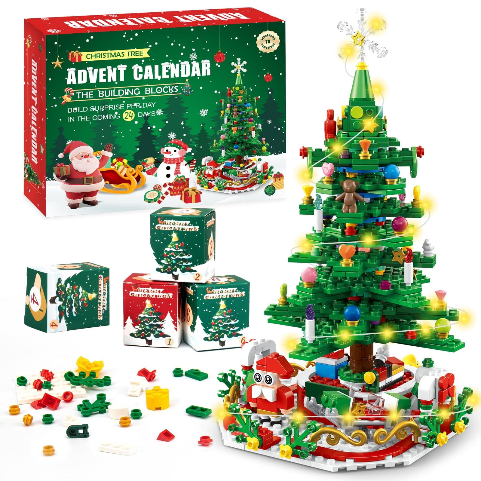 Adventskalender 2025 Kinder für Weihnachtsbaum Bauspielzeug mit LED-Licht Mini-Bausteine,Weihnachts Countdown 24 in 1 Blocks Spielzeug 701 Pcs,Weihnachts Geschenk für Erwachsene Jungen und Mädchen