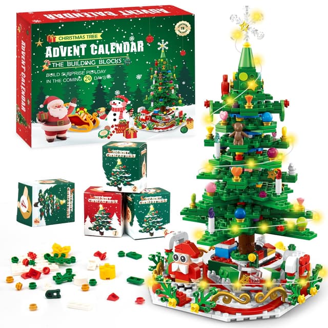 Adventskalender 2025 Kinder für Weihnachtsbaum Bauspielzeug mit LED-Licht Mini-Bausteine,Weihnachts Countdown 24 in 1 Blocks Spielzeug 701 Pcs,Weihnachts Geschenk für Erwachsene Jungen und Mädchen