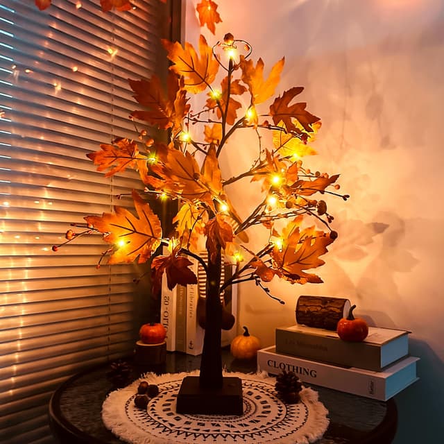 ACAREY Herbstdeko Lichterbaum Für Innen mit 24 LEDs, Ahornblatt Baum Lichter Herbst Deko Lichterbaum mit Timer Herbstblätter Deko Halloween Kürbis Deko Für Tisch Herbstdeko Zum Aufhängen (Ahorn)