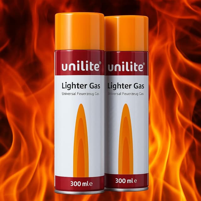 UNILITE® Feuerzeuggas 2 x 300ml mit 6 Adapter – Nachfüllgas für Gasfeuerzeug, Sturmfeuerzeug, Küchenbrenner & Stabfeuerzeug | Butangas Gaskartusche