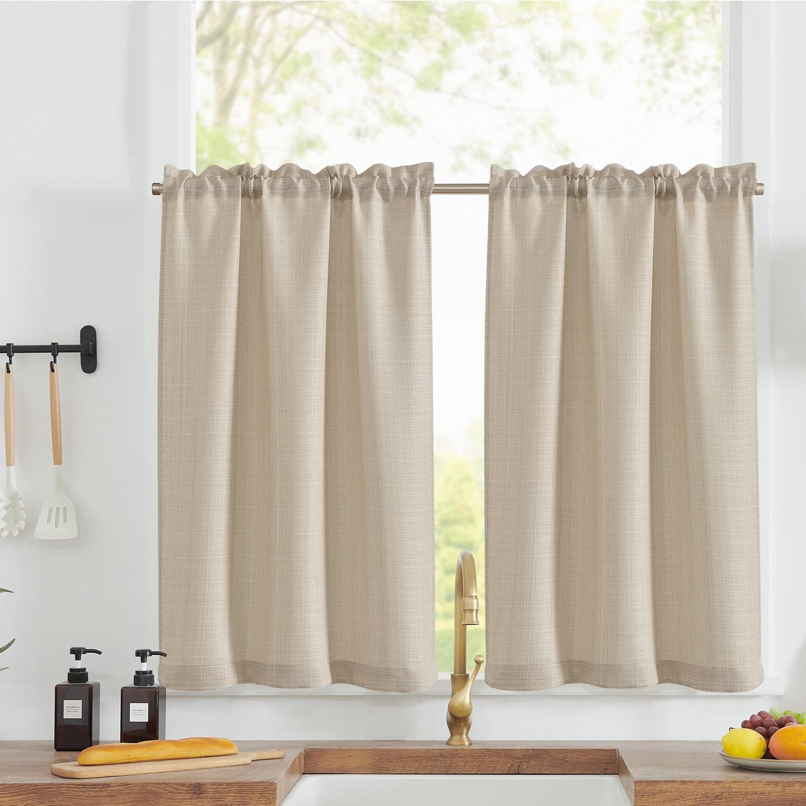 TOPICK Scheibengardinen Küche Beige Bistrogardine mit Tunnelzug Modern Gardinen Kurz Blickdicht Leinenoptik Küchengardinen für Kleine Fenster Wohnmobil Küchenfenster 2er Set 60Hx70B cm Tunnelzug|beige H60 x B70 cm (2er Pack)