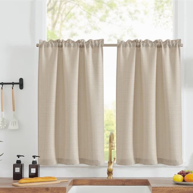 TOPICK Scheibengardinen Küche Beige Bistrogardine mit Tunnelzug Modern Gardinen Kurz Blickdicht Leinenoptik Küchengardinen für Kleine Fenster Wohnmobil Küchenfenster 2er Set 60Hx70B cm Tunnelzug|beige H60 x B70 cm (2er Pack)
