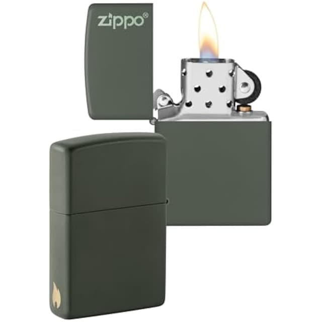 Zippo Sturmfeuerzeug - Green Matte mit Logo & seitlicher Flammengravur - Nachfüllbar - Wiederverwendbar - Windfestes Design - Made in USA - Amazon Exclusive Green Matte - Logo