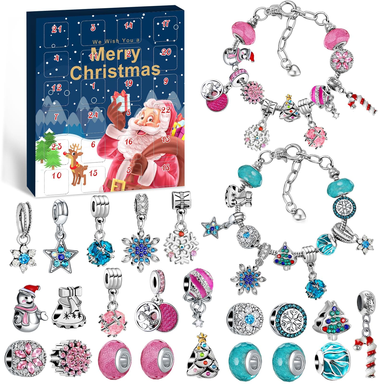 WEVOL Adventskalender 2025 Kinder Mädchen, Adventskalender Schmuck Mädchen 24 Füllung Weihnachtskalender Schmuck Basteln Mädchen Geschenke, Charm Armband Kit Geschenk Mädchen 5 6 7 8 9 10 11 12 Jahre Metall