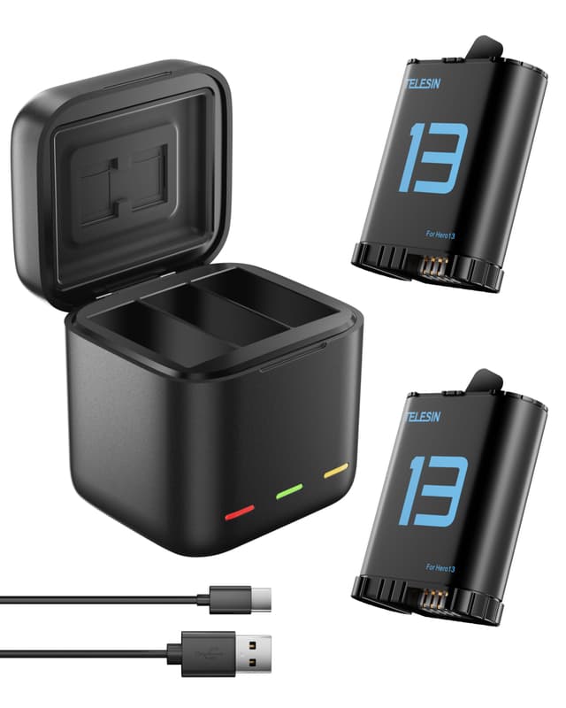 TELESIN 2er-Pack Akku mit Ladegerät für GoPro Hero 13 Black, Langlebige Akkus wie Original-Akkus, Triple Slot USB-Ladekoffer mit Type-C Kabel Akkus Tragetasche für Go Pro 13 Black Zubehör