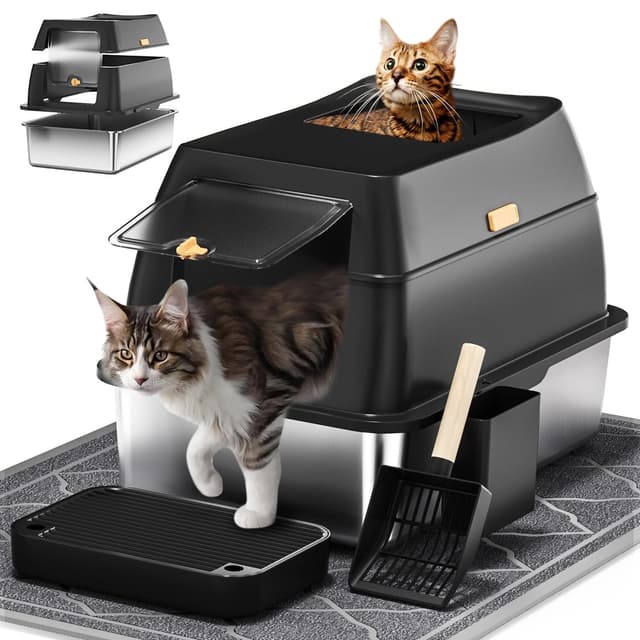 Edelstahl Katzenklo mit Haube, Geschlossene Katzentoilette mit Einstieg vorne & Oben, leicht zu reinigendes Metall Katzenklo für große Katzen - inkl. Katzenstreuschaufel & Matte - Schwarz