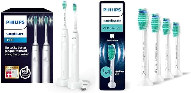 Philips Sonicare 3100 elektrische Zahnbürste, Schallzahnbürste, Zweierpack, Weiß + Philips Sonicare C1 ProResults, Original Ersatzbürstenköpfe, Weiß, 4er-Pack Inkl. 4 zusätzliche C1 Bürstenköpfe