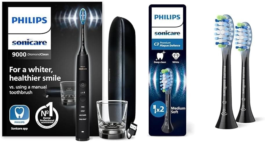 Set aus Philips Sonicare DiamondClean 9000 elektrische Zahnbürste, Schallzahnbürste mit AppModell HX9911/09 + Philips Sonicare C3 Premium Plaque Defense, Original Ersatzbürstenköpfe, HX9042/88 Sonicare 9000, Schwarz + 3x Bürstenköpfe