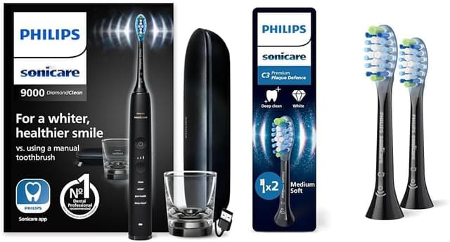 Set aus Philips Sonicare DiamondClean 9000 elektrische Zahnbürste, Schallzahnbürste mit AppModell HX9911/09 + Philips Sonicare C3 Premium Plaque Defense, Original Ersatzbürstenköpfe, HX9042/88 Sonicare 9000, Schwarz + 3x Bürstenköpfe