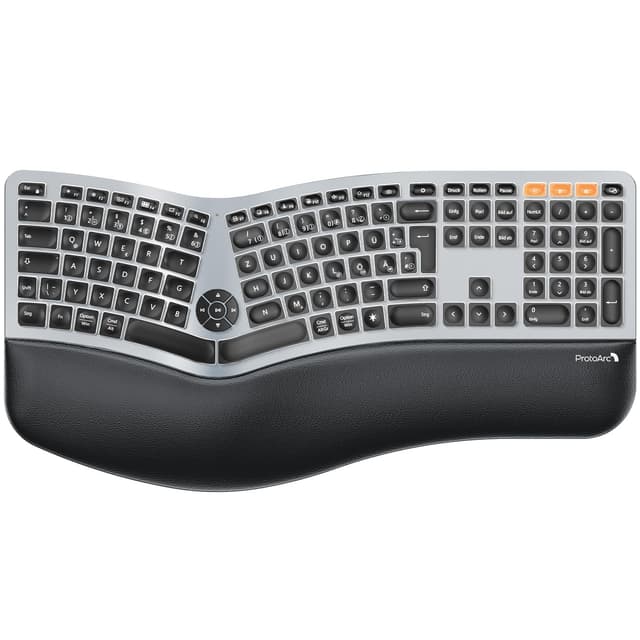 ProtoArc EK01 Plus Ergonomische Tastatur Kabellos Beleuchtet, Full Size Ergo Funktastatur mit Handballenauflage, Wireless Split Keyboard, Bluetooth und USB, Kompatibel mit Windows/Mac/Android DE Layout