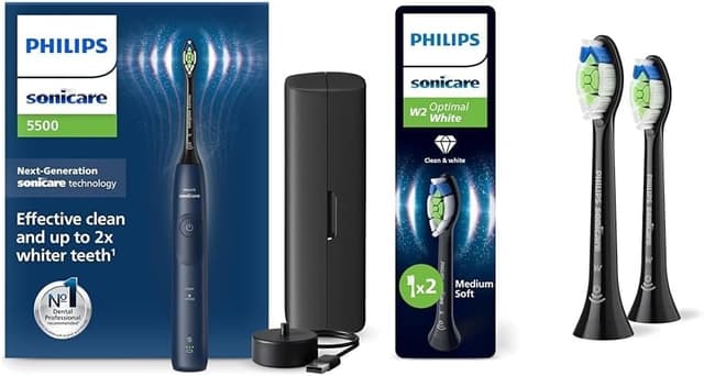 Set aus Philips Sonicare 5500 elektrische Zahnbürste, Modell HX7113/01 [Neue Technologie] + Philips Sonicare W2 Optimal White, Original Ersatzbürstenköpfe, Schwarz, 2er-Pack, HX6062/88 Sonicare 5500, Blau + 3x Bürstenköpfe