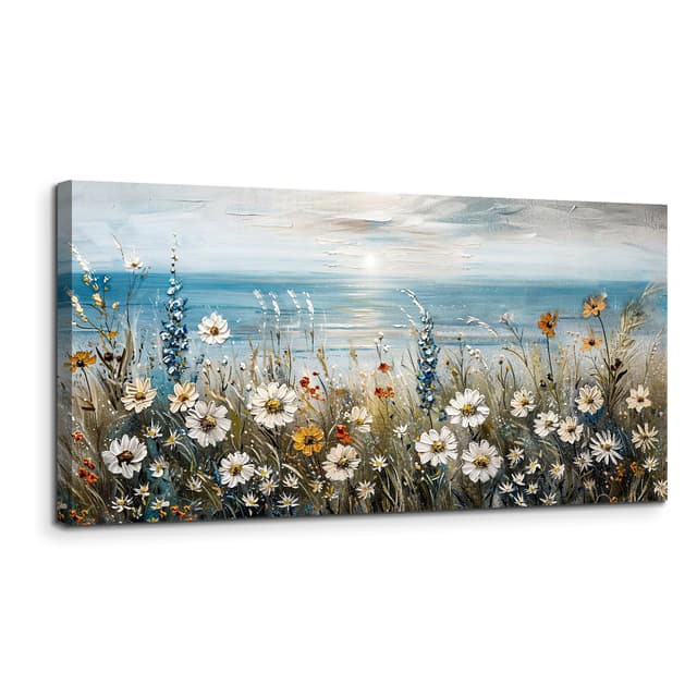 MHARTK66 Wiese am Meer Leinwand Bilder, 50x100 cm Groß Wandbilder Wohnzimmer Bunte Blumen Bild Aesthetic, Modern Wanddeko Kunstdruck Schlafzimmer Badezimmer Büro Esszimmer Küche Wiese am Meer 100L x 50B cm