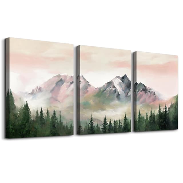 MHARTK66 Aquarell Wald Leinwand Bilder Set Wohnzimmer, Rosa Abstrakt Berg Landschafts Wandbilder Schlafzimmer, Grüne Nebel Wälder Bilde Aesthetic, Modern Wandeko Wandkunst Badezimmer Flur Büro Rosafarbener und grüner Berg 58L x 40B cm