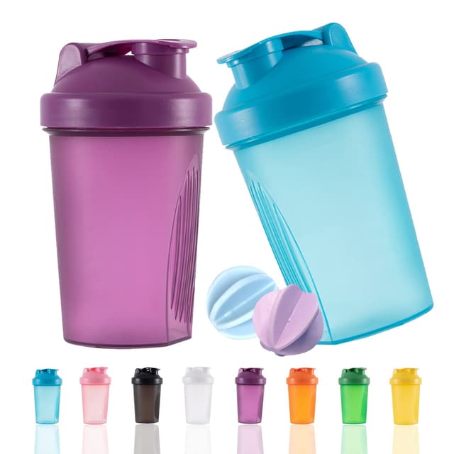 YAYAYOUNG Protein Shaker Flasche 400 ml Auslaufsicher, BPA Frei, Eiweiß Shaker für Supplement Shakes mit Sieb & Skala, Fitness Mixer für cremige Whey Proteinpulver Shakes, (Blau+Lila(2PCS) 400 ml Blau+lila