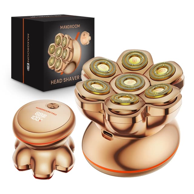 7D PRO Glatzen Rasierer Herren,MAXGROOM IPX6 Wasserdicht Kopfrasierer Glatze mit Magnetische Schwebender Kopf,1400mAh Akku Kopf Rasierer Herren,8800RPM Gold Head Shaver Men,Typ-c 0 mm Glatzenrasierer