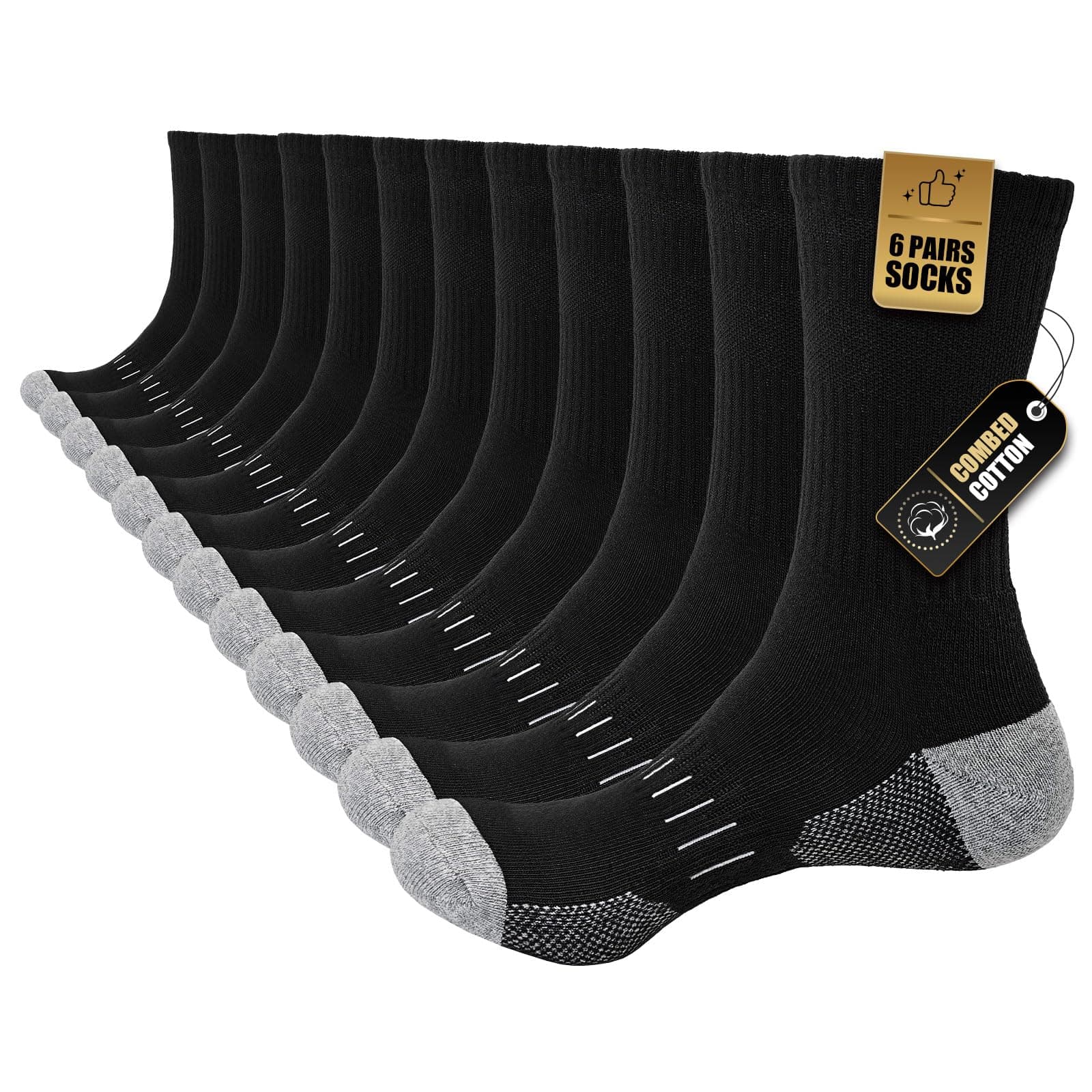 Stoeury 6 Paar Sportsocken Herren Damen, Gepolsterte Tennissocken Herren, Baumwolle Arbeitssocken Herren, Atmungsaktiv Crew Wandersocken, Laufsocken, Trekkingsocken
