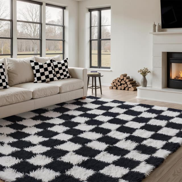 HUGEAR Kariert Flauschig Teppich Wohnzimmer 160x230 Teppiche Schwarz Weiß Shaggy rutschfest Kinderzimmer Mädchen Junge Carpet Schlafzimmer Hochflor Weich Groß Carpets Schwarz Weiß 160 x 230 cm (Rechteckig)