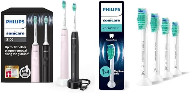 Philips Sonicare 3100 elektrische Zahnbürste, Schallzahnbürste, Zweierpack, Sugar Rose und Schwarz + Philips Sonicare C1 ProResults, Original Ersatzbürstenköpfe, Weiß, 4er-Pack Inkl. 4 zusätzliche C1 Bürstenköpfe