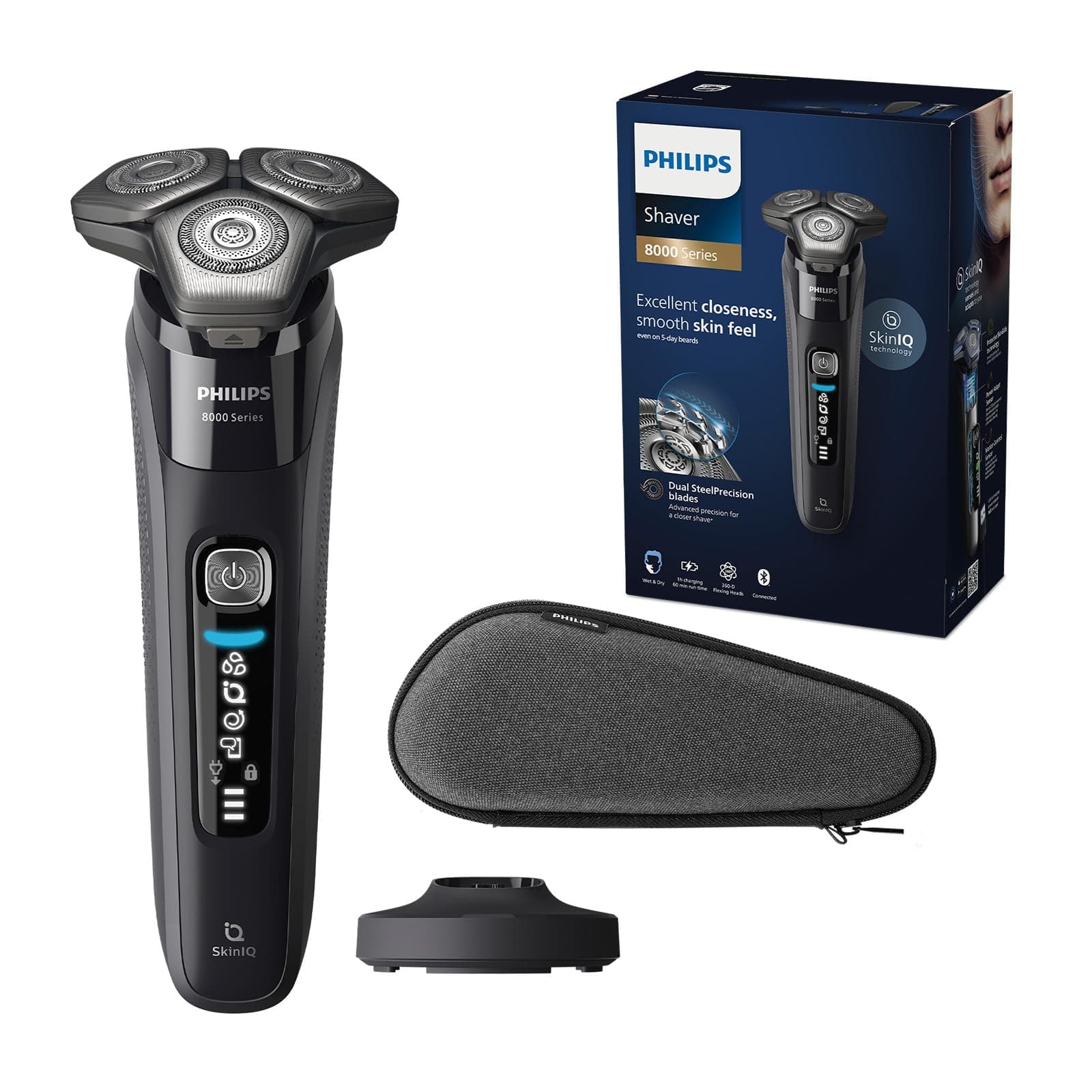 Philips Shaver Series 8000 – Elektrischer Nass- und Trockenrasierer mit SkinIQ Technologie in Schwarz, ausklappbarer Trimmer, Ladestation, Reiseetui, Reinigungsbürste (Modell S8696/35) inkl. Ladestation & Reiseetui
