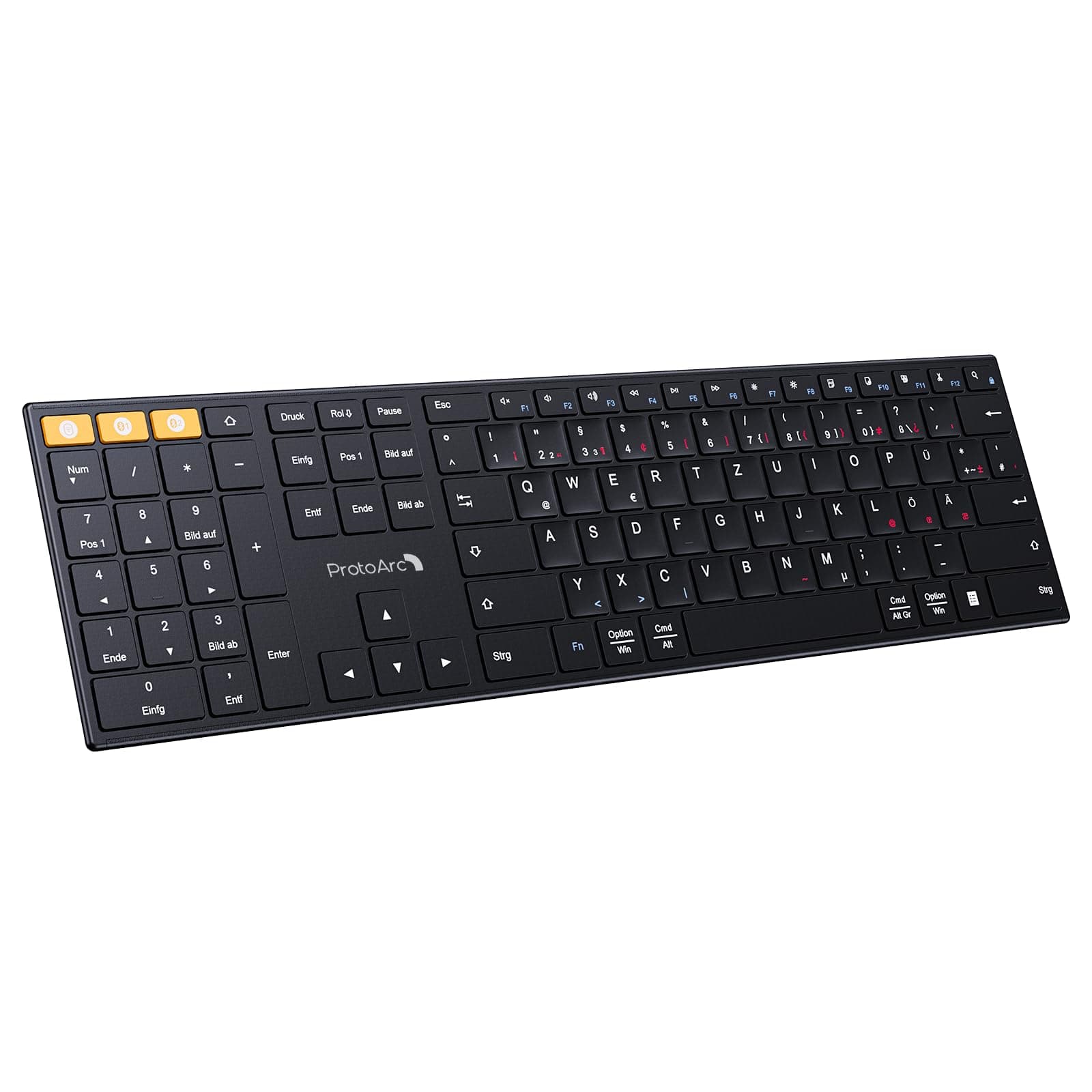 ProtoArc XK21 2.4G Kabellos Linkshänder Tastatur, Bluetooth Funk Tastaturen für Linkshänder Flach Deutsch, Leise QWERTZ Layout Linke Numpad Tastatur mit DREI Multi-Device, Mac/Windows/Android DE Layout