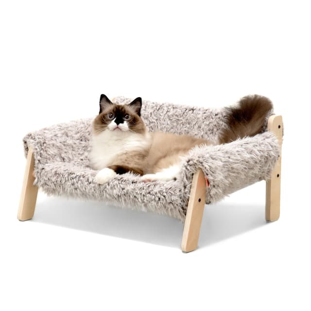 MEWOOFUN Erhöhtes Katzenbett Sofa aus Holz, 56x45cm robust großes Katzensofa – modischer Katzenstuhl mit abnehmbarem Matratzenbezug Belastbar mit 10 kg (Braun, 56x45cm) 56x45cm Braun
