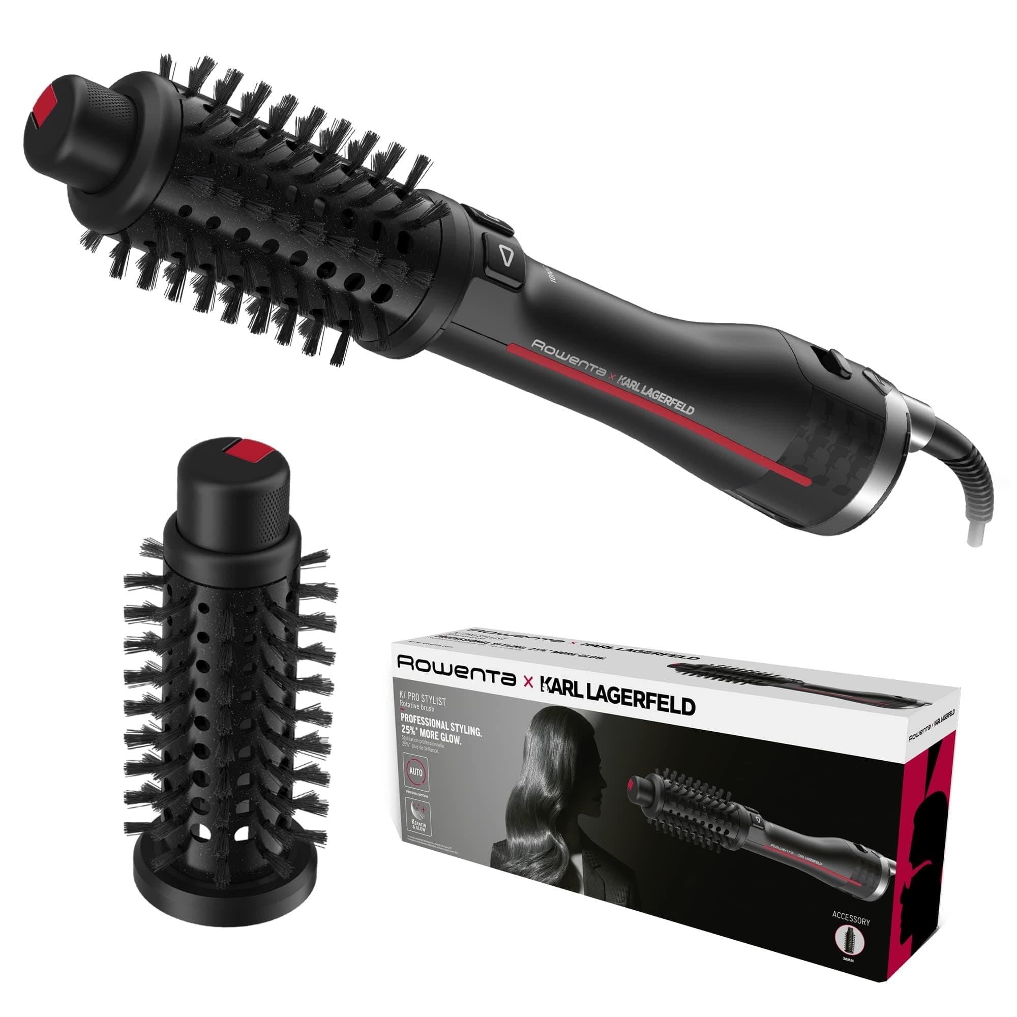 Rowenta x Karl Lagerfeld CF961L K/Pro Stylist rotierende Warmluftbürste, Glanz-Booster, vielseitige Looks, zwei Bürsten, alle Haartypen, trocknen und stylen gleichzeitig, Schwarz/Rot Schwarz Kl | 750w