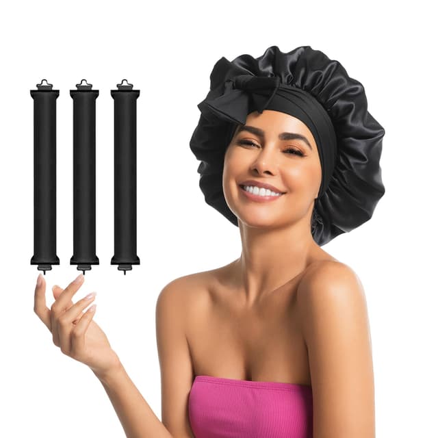 Seidenhaube zum Schlafen und Hitzefreie Lockenwickler 3 Stück über Nacht, Schlafhaube Seide für die Nacht zum Schlafen Lange Haare, Heatless Curls Band Overnight Blowout Dame (Schwarz)