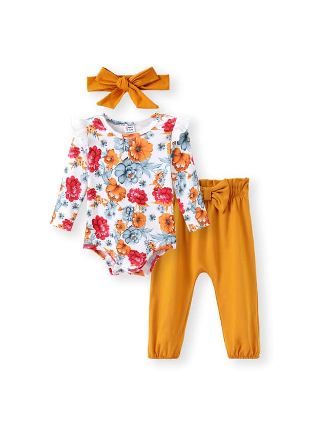 PATPAT Baby Kleidung Mädchen Baumwolle Neugeborenen Strampler Kleidung, Kurze Ärmel | Ärmellos+ Schleifenshorts + Stirnband Bekleidungssets für Mädchen, 3Pcs Sommer 0-18 Monate Geschenk 3-6 Monate Langes Orange1