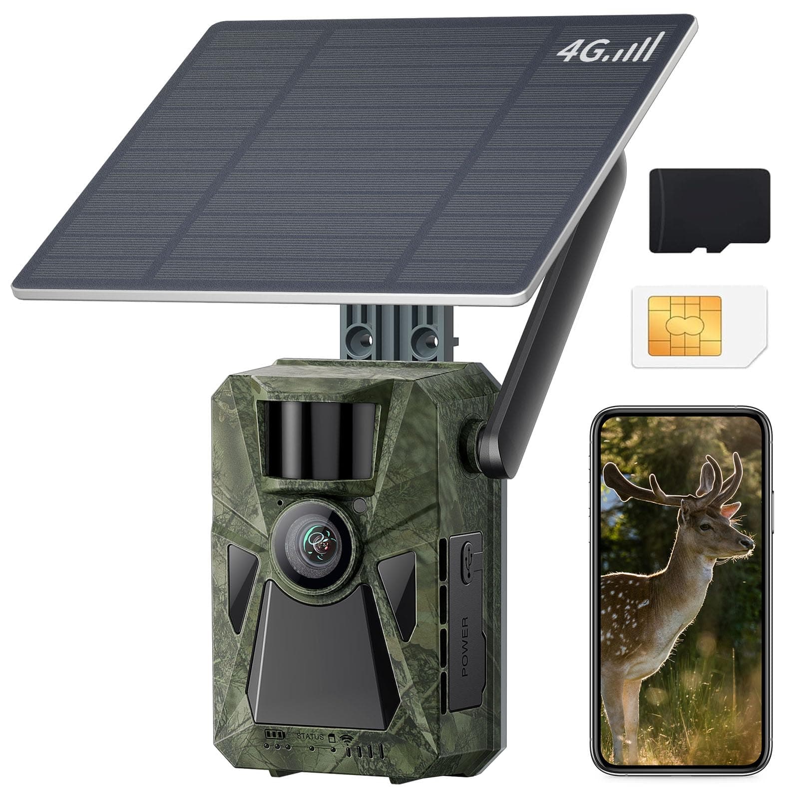 FKPCAM 4G LTE Wildkamera mit SIM Karte Solar, 2.7K/48MP Video Wildkamera mit Handyübertragung APP, Eingebaute 7500mAh Lithium-Batterie, 64GB Speicherkarte,Wildtierkamera Nachtsicht, 0.2s Auslöser，IP67 Grün