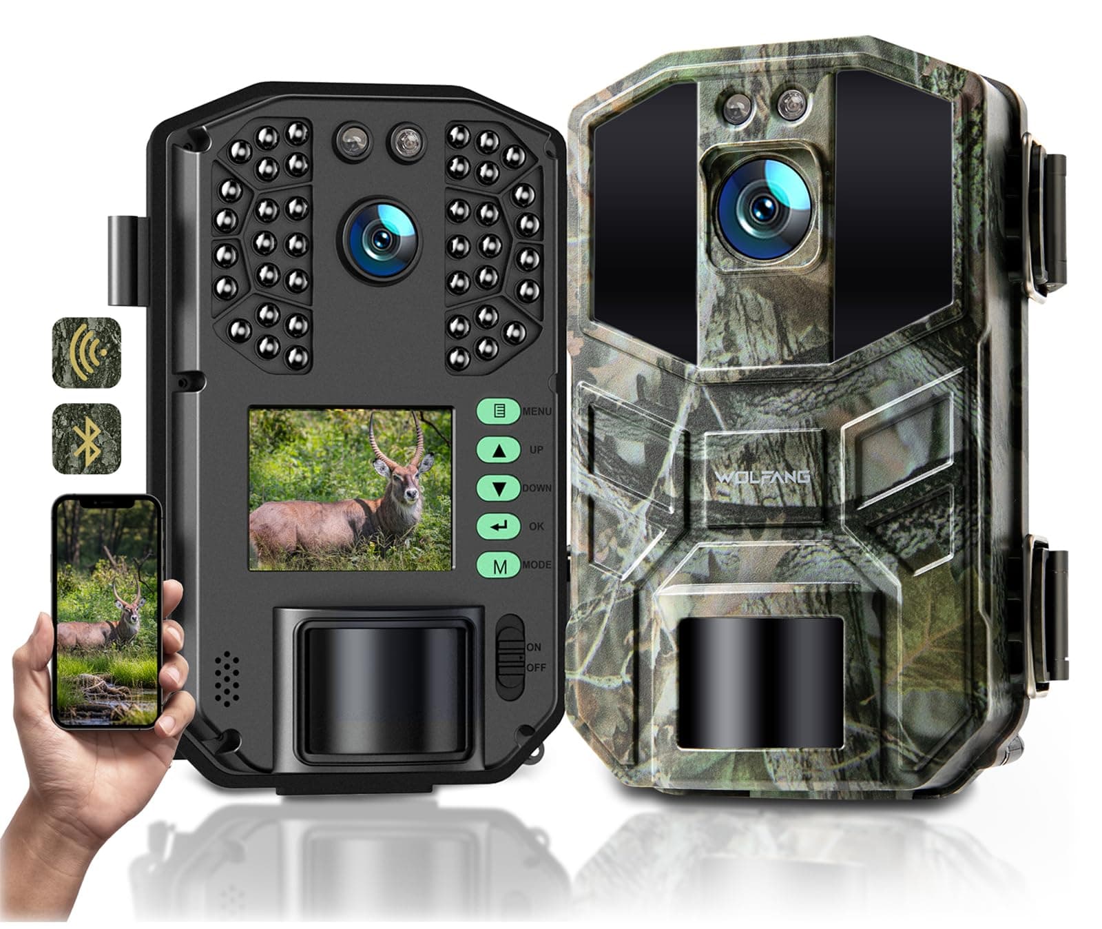 WOLFANG Wildkamera 64MP 4K HD, WiFi Bluetooth Trail Kamera, Jagdkamera mit Nachtsicht Bewegungsaktivierung, IP66 wasserdicht, 0,1s Auslösezeit für Wildtieraufnahmen, Innenüberwachung