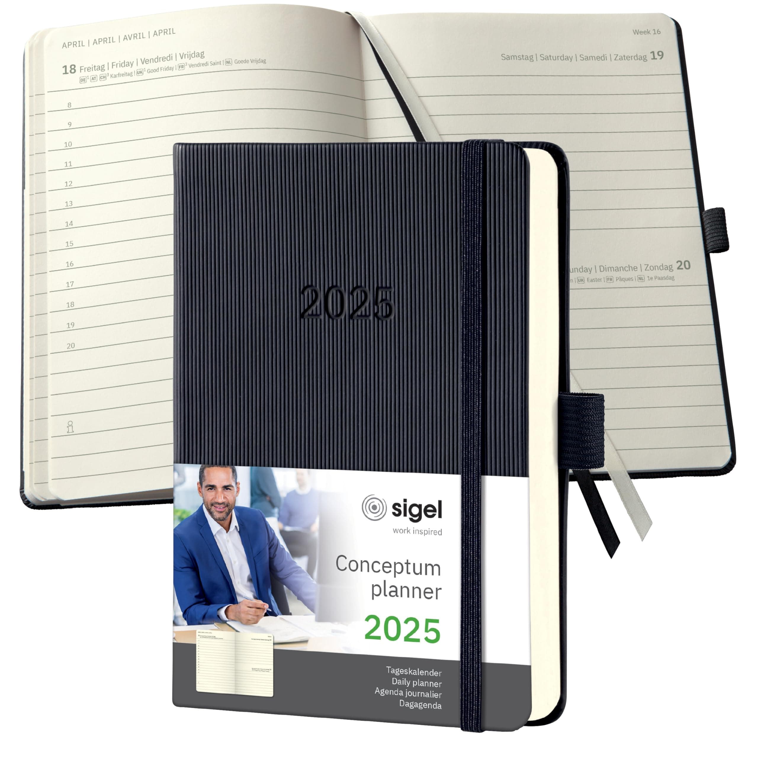 SIGEL C2511 Terminplaner Tageskalender 2025, ca. A6, schwarz, Hardcover, 400 Seiten, Gummiband, Stiftschlaufe, Archivtasche, aus nachhaltigem Papier, Conceptum Hardcover ca. A6