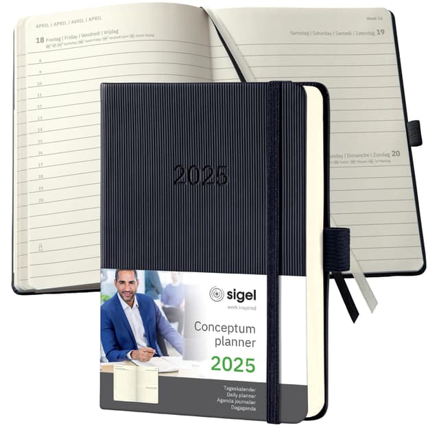 SIGEL C2511 Terminplaner Tageskalender 2025, ca. A6, schwarz, Hardcover, 400 Seiten, Gummiband, Stiftschlaufe, Archivtasche, aus nachhaltigem Papier, Conceptum Hardcover ca. A6
