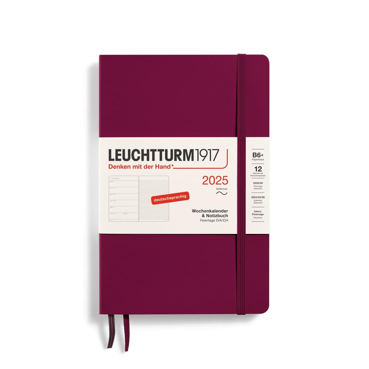 LEUCHTTURM1917 370521 Wochenkalender & Notizbuch Paperback (B6+) 2025, Softcover, Port Red, Deutsch