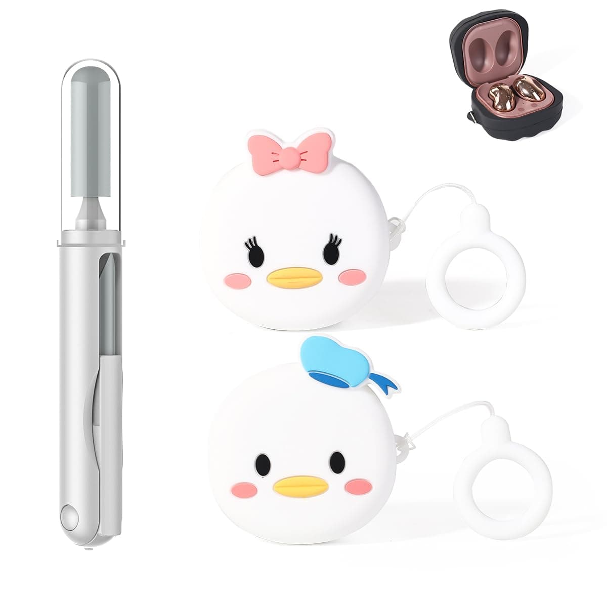 (2Packung + Reinigungsstift) XMBYGY Silikon Hülle für Galaxy Buds FE(2023) / Buds2 Pro(2022) / Buds 2(2021) / Buds Pro(2021) / Buds Live(2020) Schutzhülle mit 3 in 1 Reinigungs Bürste Stift Werkzeuge Donald+Daisy