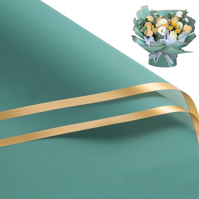 RUSPEPA 20 Blatt Blumengeschenkpapier – 57 x 57 cm, wasserfest, mit Goldrand, für Blumensträuße – Verpackung für Floristenbedarf, Geburtstage, Hochzeiten und Bastelarbeiten – Grün Grüngoldrand