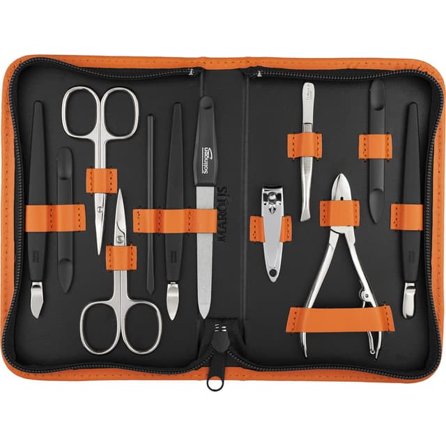 marQus Solingen Mega Maniküre Pediküre Set 12 Teile - Nageletui für Herren und Damen mit allem was man für die Nagelpflege braucht, in hochwertigem Echt-Leder Etui, Orange