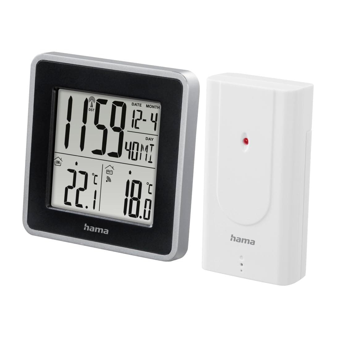 Hama Digitale Wetterstation funk mit Uhr (Thermometer mit Außensensor für Innen- und Außentemperatur,Wandmontage möglich, Funkuhr mit zwei Weckzeiten, Display groß) schwarz/silber