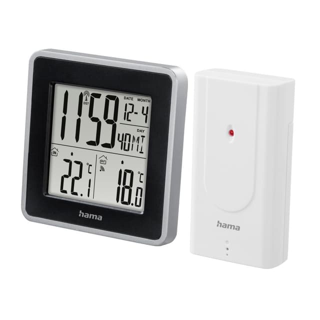Hama Digitale Wetterstation funk mit Uhr (Thermometer mit Außensensor für Innen- und Außentemperatur,Wandmontage möglich, Funkuhr mit zwei Weckzeiten, Display groß) schwarz/silber