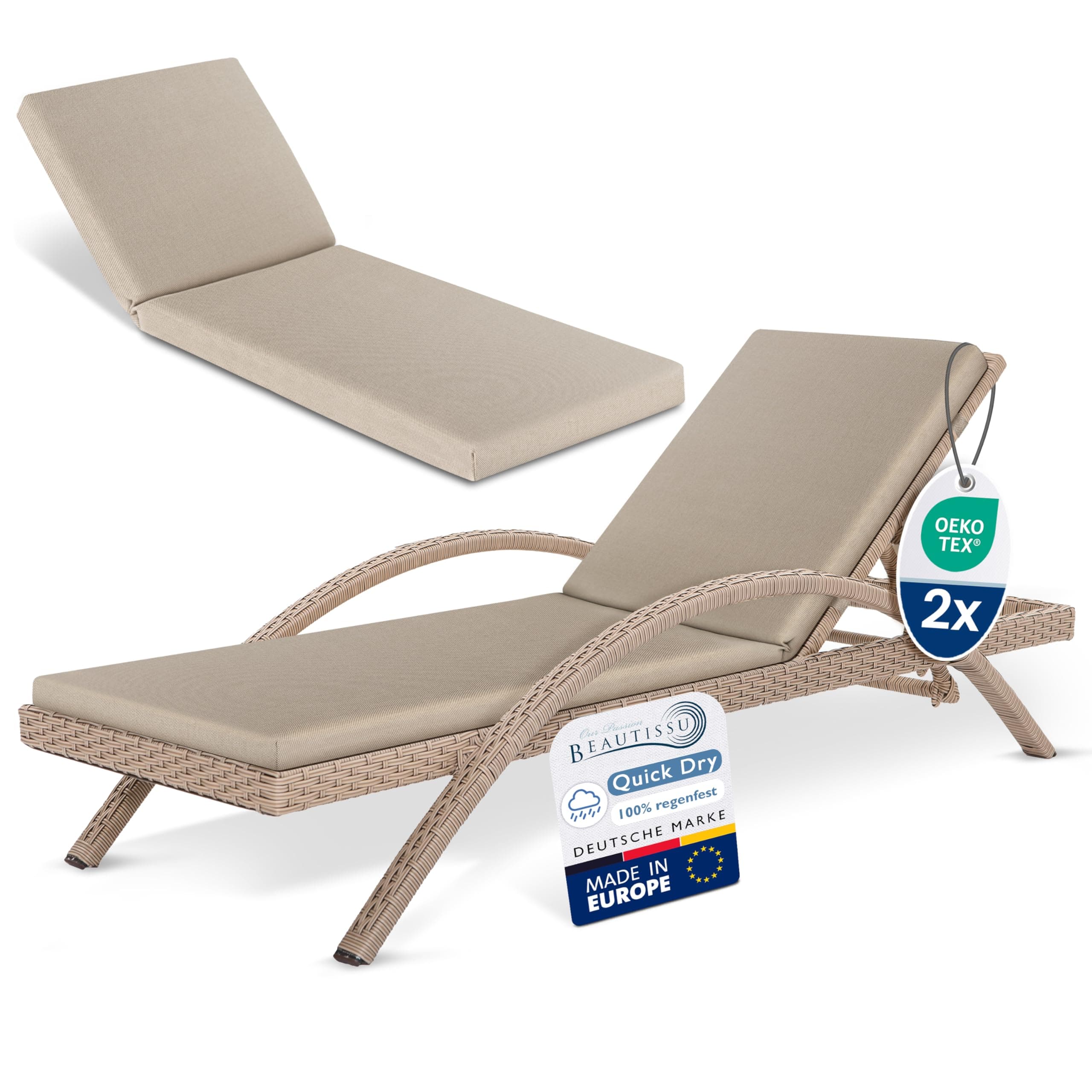 Beautissu Deckchair Auflagen für Gartenmöbel Wasserdicht 2er Set Auflage Liege 190x60 cm Sonnenliege Auflage Outdoor Polster Wetterfest Schnell Trocknend Waschbar – Auflagen für Gartenliegen Beige 2 Auflagen Beige