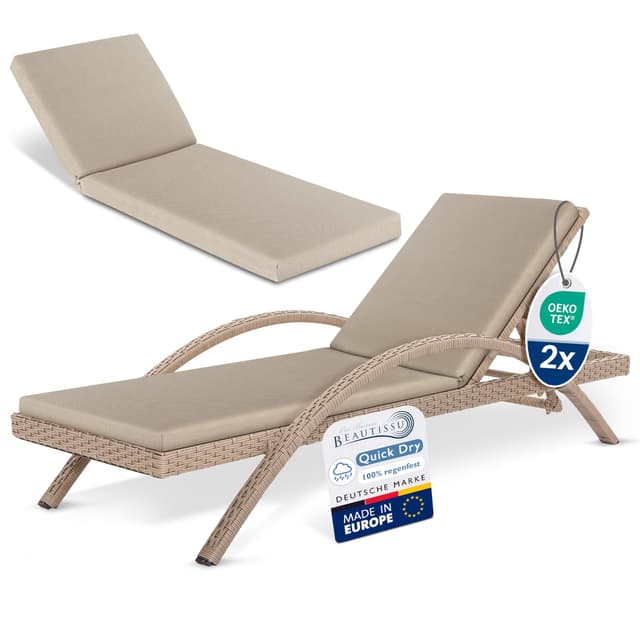 Beautissu Deckchair Auflagen für Gartenmöbel Wasserdicht 2er Set Auflage Liege 190x60 cm Sonnenliege Auflage Outdoor Polster Wetterfest Schnell Trocknend Waschbar – Auflagen für Gartenliegen Beige 2 Auflagen Beige