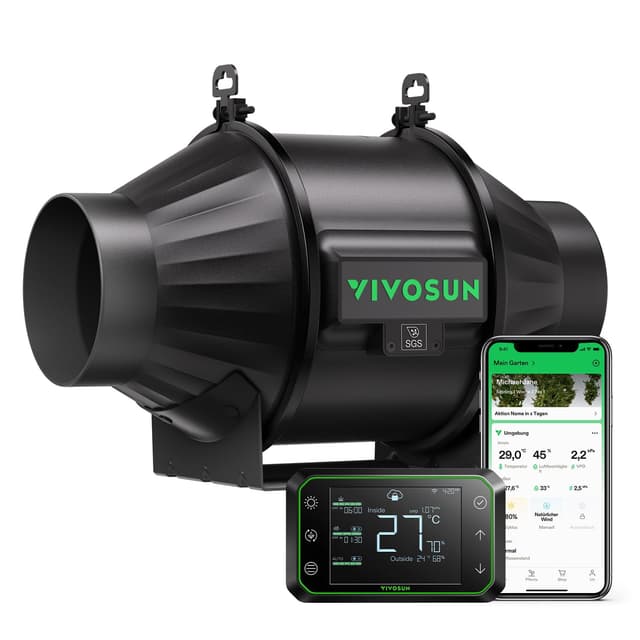 VIVOSUN Inline-Rohrventilator 100mm Leiser Abluftventilator 357m³/h mit EC-Motor und GrowHub E42A WLAN-Controller AeroZesh T4 Ventilator für Growzelte und Hydroponik 100mm Smart Controller