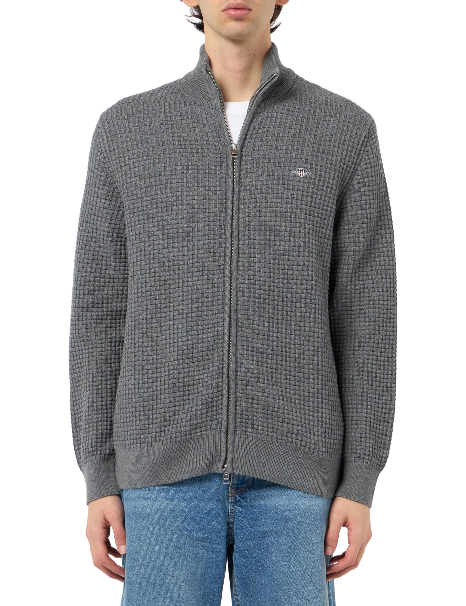 GANT Herren Zipped Textured Cotton Cardigan Strickjacke XXL Dark Grey Melange