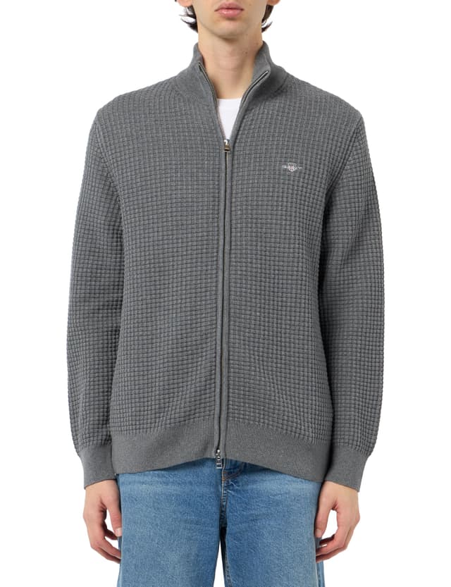GANT Herren Zipped Textured Cotton Cardigan Strickjacke XXL Dark Grey Melange